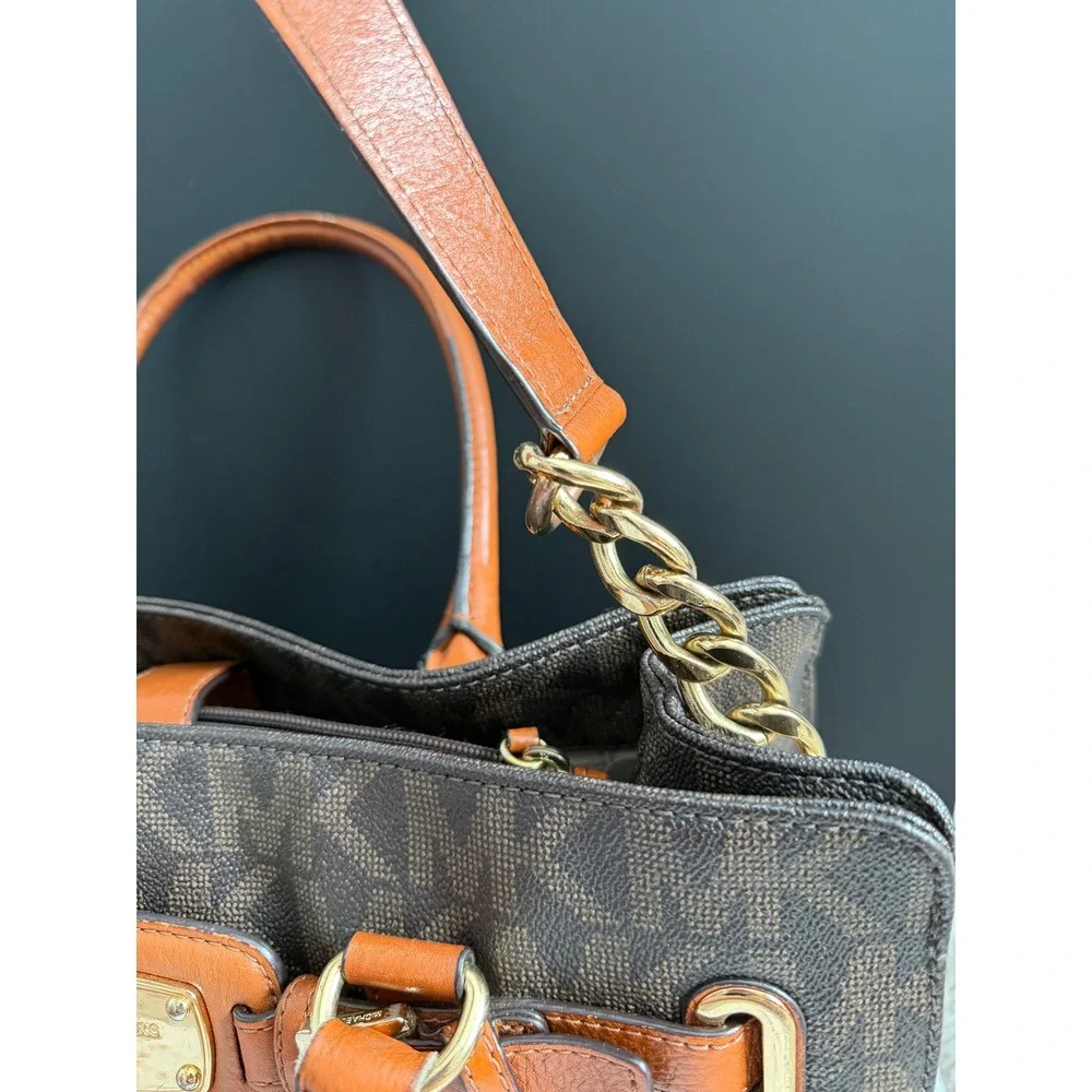 Michael Kors Hamilton Satchel Brown Logo PVC Leather Preppy Classic Tote Bag